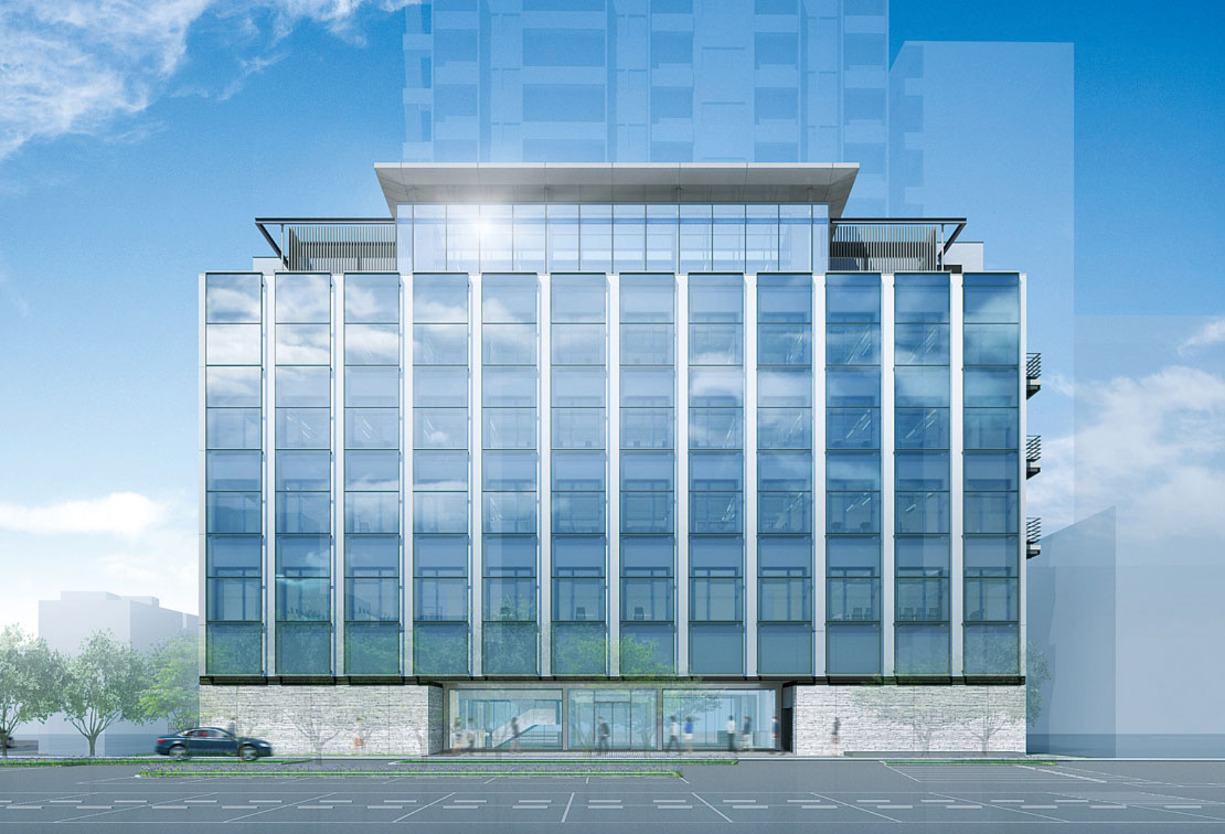 东北分公司新办公楼外观透视图，外墙玻璃独具特色。