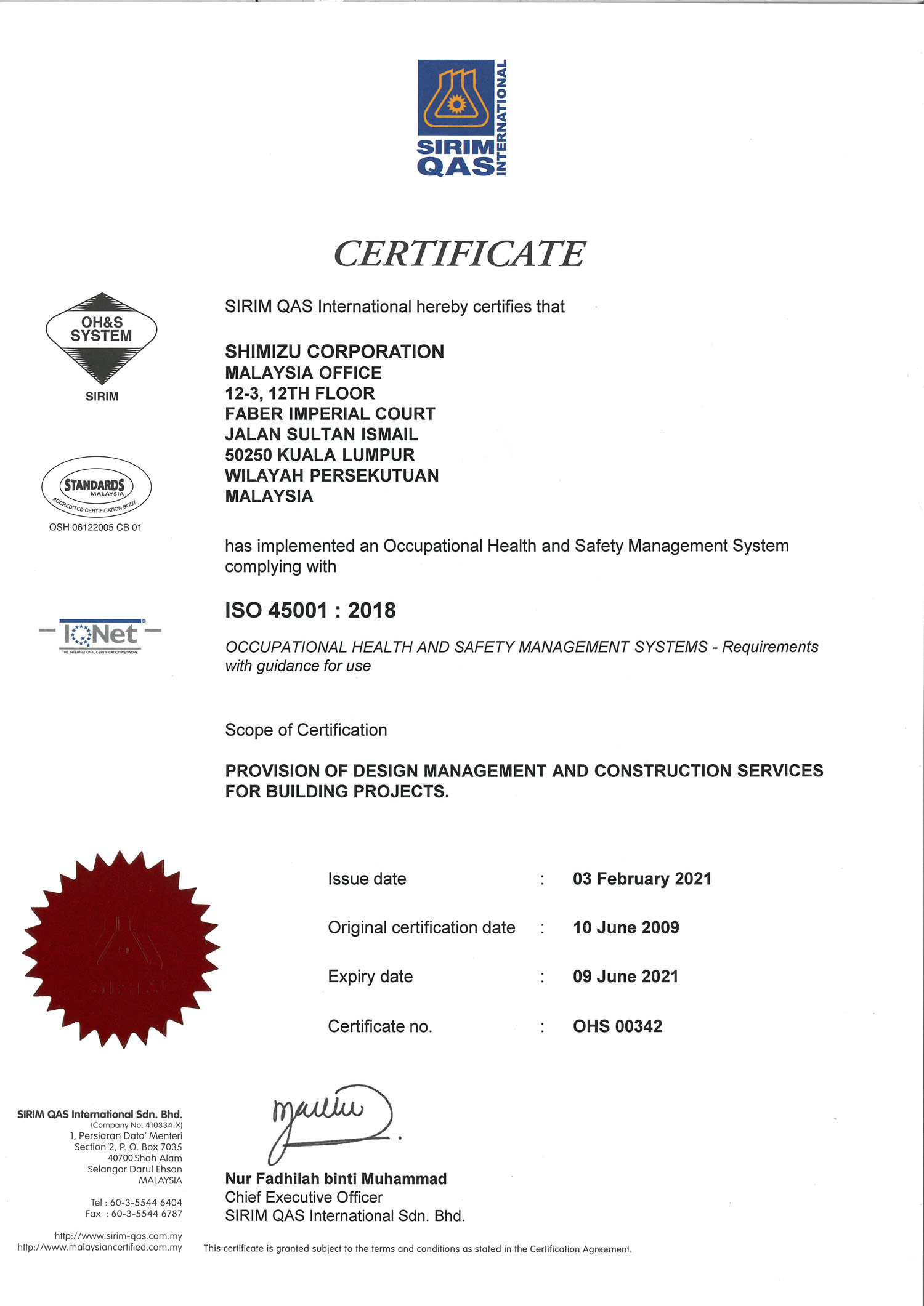 SIRIM Certificate ISO 45001 2018
