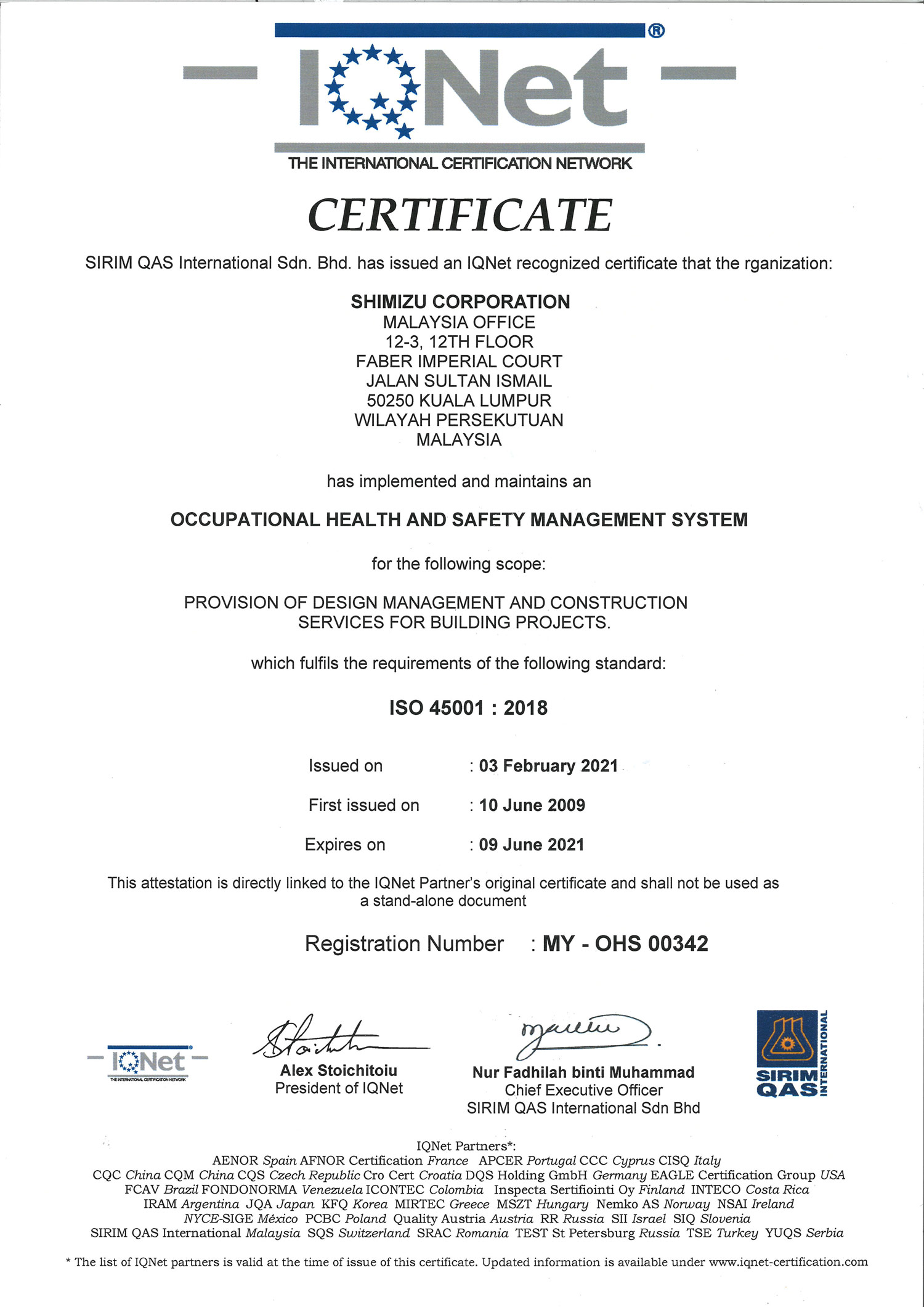 IQNet Certificate ISO 45001 2018