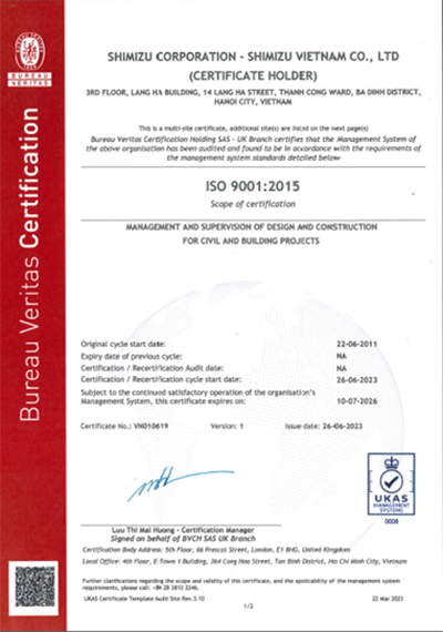 Certificates | About Us | Shimizu Corporation Vietnam